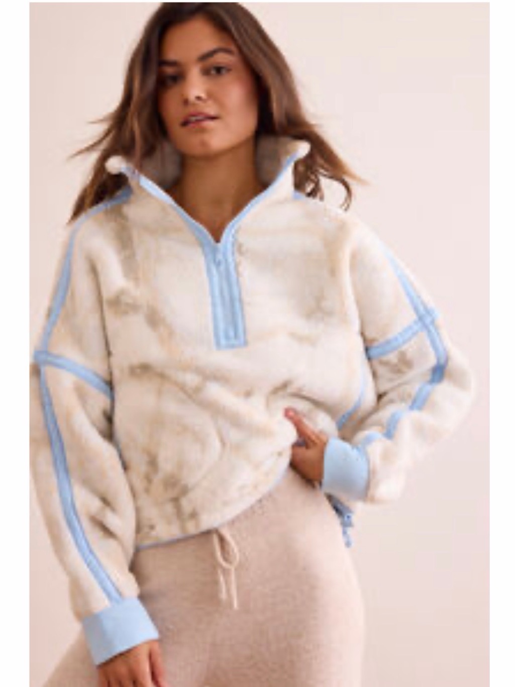 Altar'd State Cream Sherpa Half-Zip Pullover With Light Blue Trim